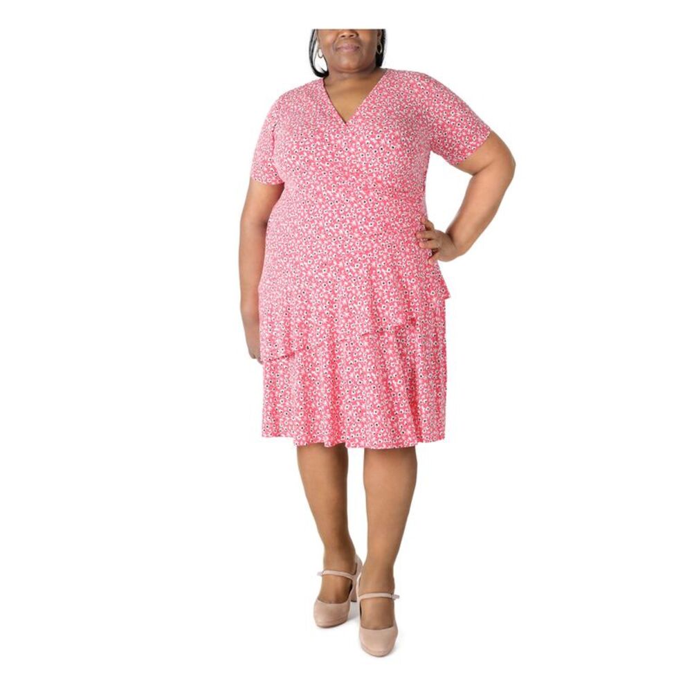 SIGNATURE Womens Coral At Skirt Short Sleeve Fit + Flare Dress Plus 1X